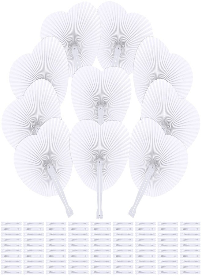 Aodaer 100 Pack Heart Shaped Folding Fans White Paper Fans Handheld Fans with Plastic Handles for Party, Wedding, Anniversary Decoration - Image 1